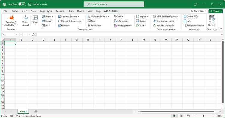 Excel with the ASAP Utilities Add-in in it's menu